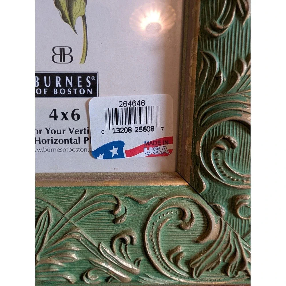 New in Box Vintage Burnes of Boston Gold Florentine Green Ornate 4x6 Frame